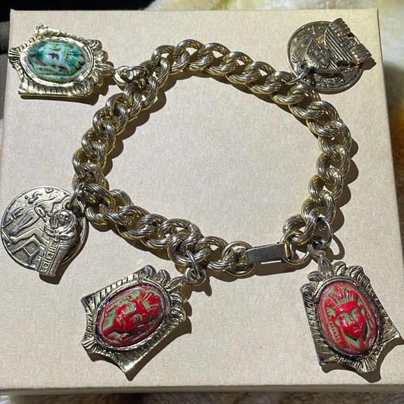 Vintage Egyptian revival Czech glass pharoah
Face charm bracelet Bracelet - Picture 2 of 11